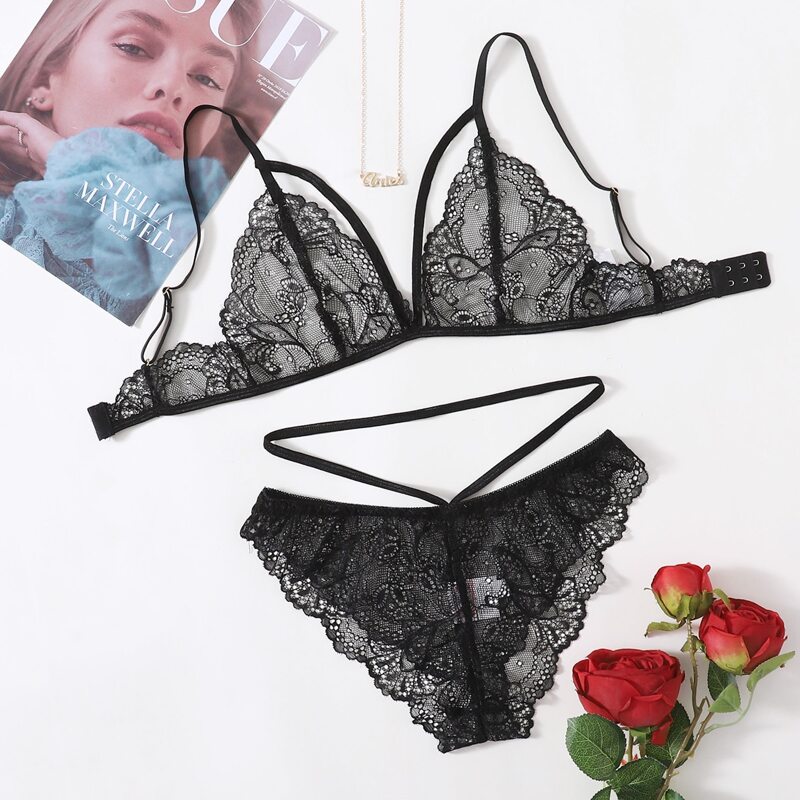 

Floral Lace Harness Lingerie Set, Black