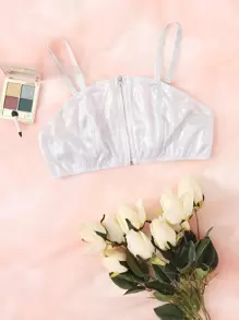 Metallic Zip-up Front Bralet - Silver - View 1