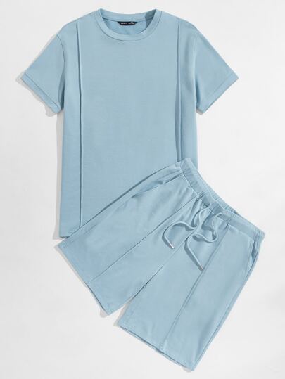 GENTILAND Men Seam Front Solid Tee & Drawstring Track Shorts Set