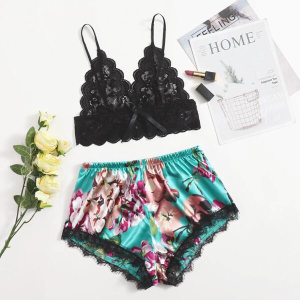 

Floral Print Satin Scalloped Lace Lingerie Set, Multicolor