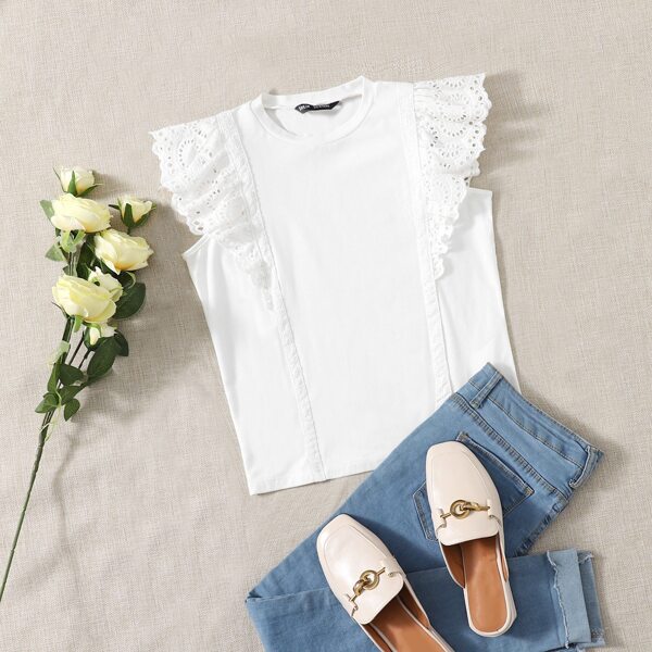 

Eyelet Embroidered Ruffle Trim Top, White