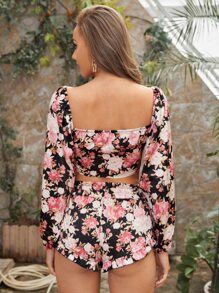 SHEIN Unity Tie Front Lantern Sleeve Floral Top & Shorts Set - Multicolor - View 2