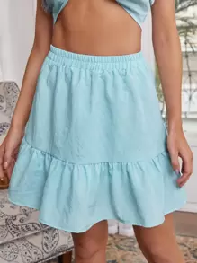 SHEIN Unity 荷葉邊下擺素色半身裙 - 薄荷藍 - 查看 1