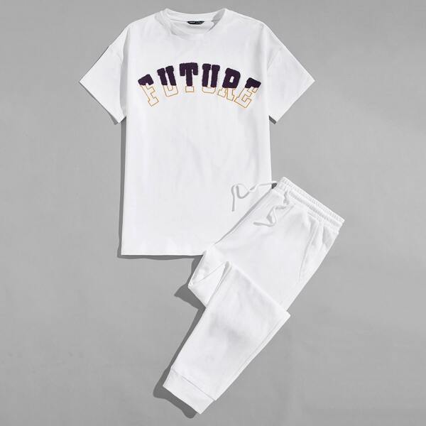 

Men Fuzzy Letter Patched Tee and Sweatpants Set, White