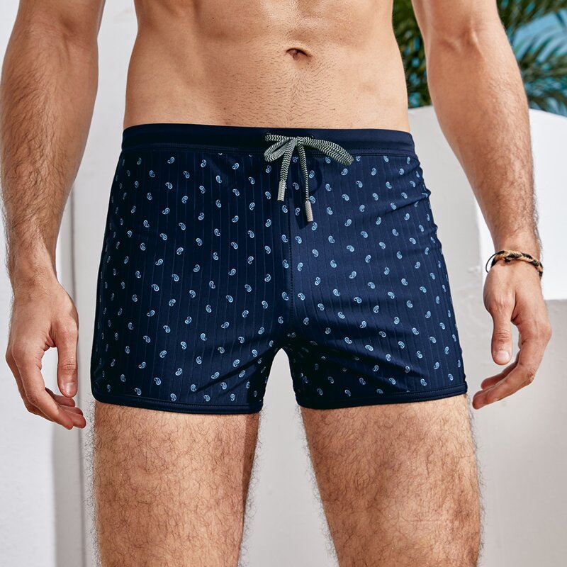 

Guys Allover Print Drawstring Swim Trunks, Navy blue