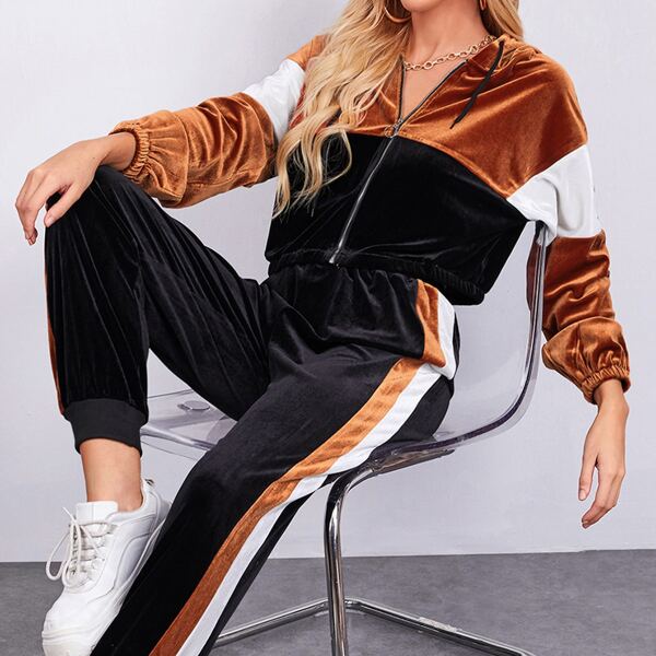 

Velvet Color-block Zip-up Hooded Jacket, Multicolor