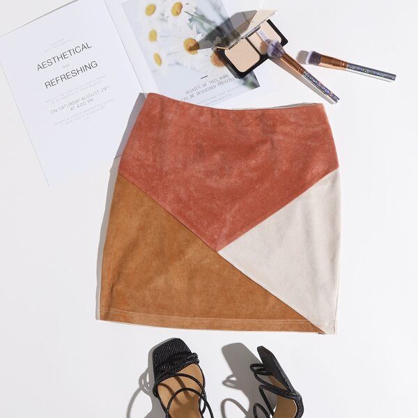 

Colorblock Suede Skirt, Multicolor