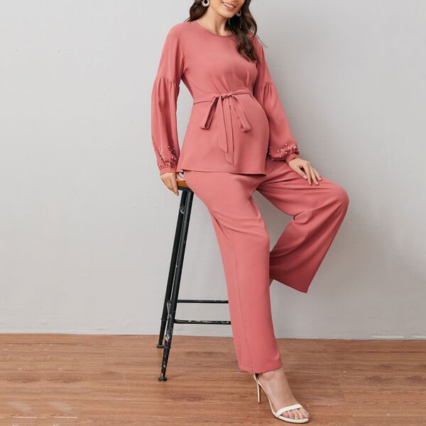 

Maternity Pearl Beaded Self Belted Top and Pants Set, Coral pink