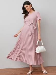SHEIN Maternity Self Belted Pleated Dress - Dusty Pink - View 1