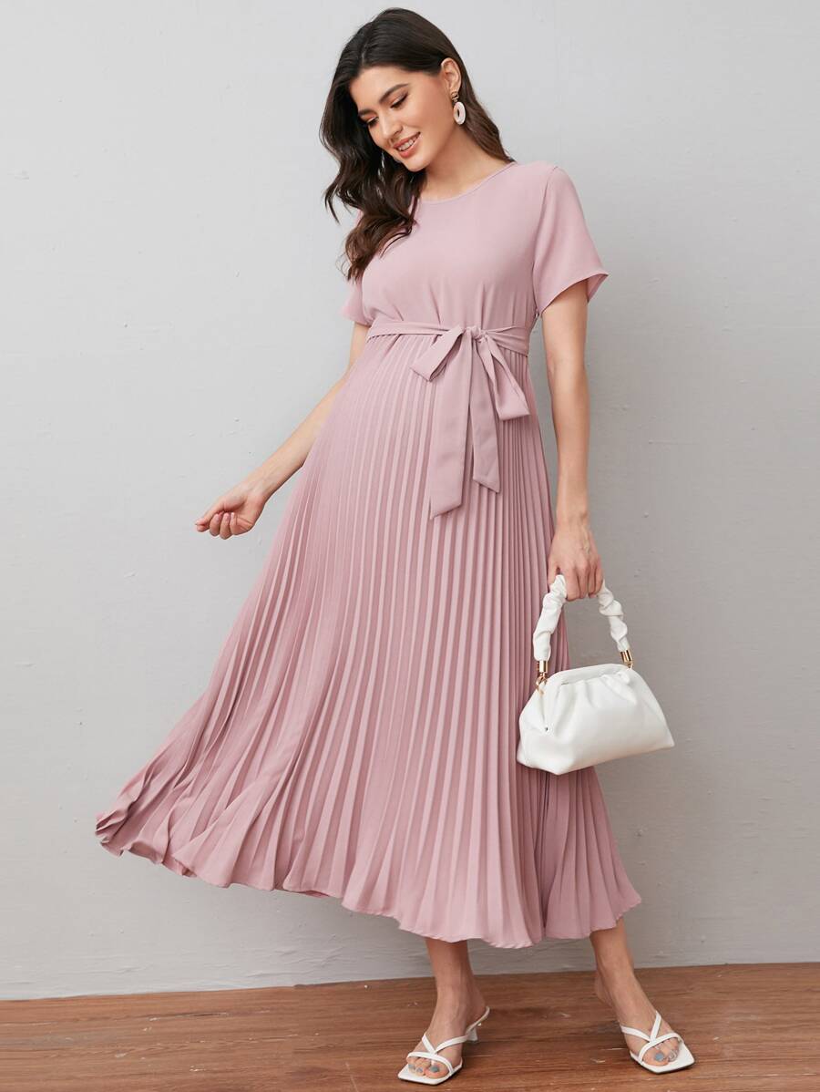SHEIN Maternity Self Belted Pleated Dress - Dusty Pink - View 1