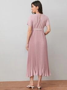 SHEIN Maternity Self Belted Pleated Dress - Dusty Pink - View 2