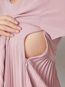 SHEIN Maternity Self Belted Pleated Dress - Dusty Pink - View 3