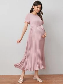 SHEIN Maternity Self Belted Pleated Dress - Dusty Pink - View 4