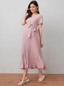 SHEIN Maternity Self Belted Pleated Dress - Dusty Pink - View 5