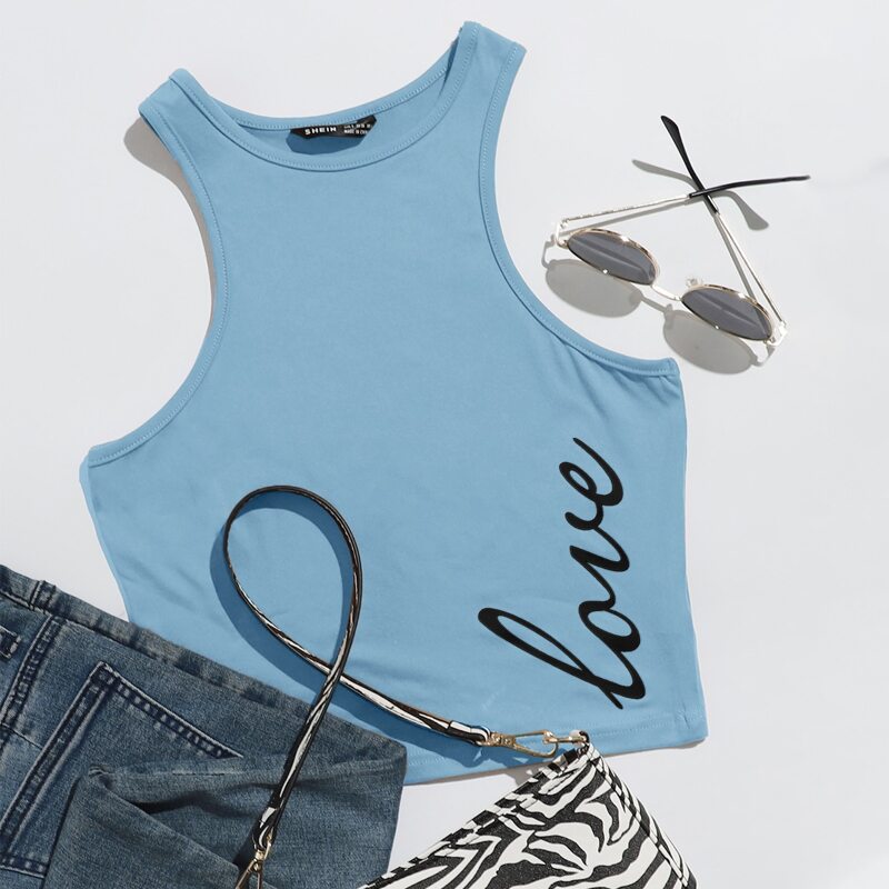 

Letter Graphic Crop Tank Top, Pastel baby blue