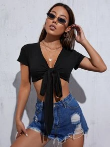 SHEIN Unity Tie Front Crop Top - Black - View 1