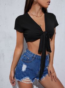 SHEIN Unity Tie Front Crop Top - Black - View 3