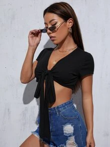 SHEIN Unity Tie Front Crop Top - Black - View 4