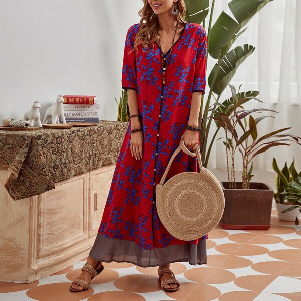 

Floral Print Button Front Tunic Dress, Red