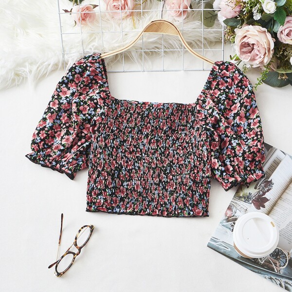 

All Over Floral Print Crop Shirred Blouse, Multicolor