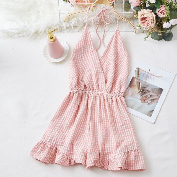 

Ruffle Hem Plaid Tie Back Halter Romper, Baby pink