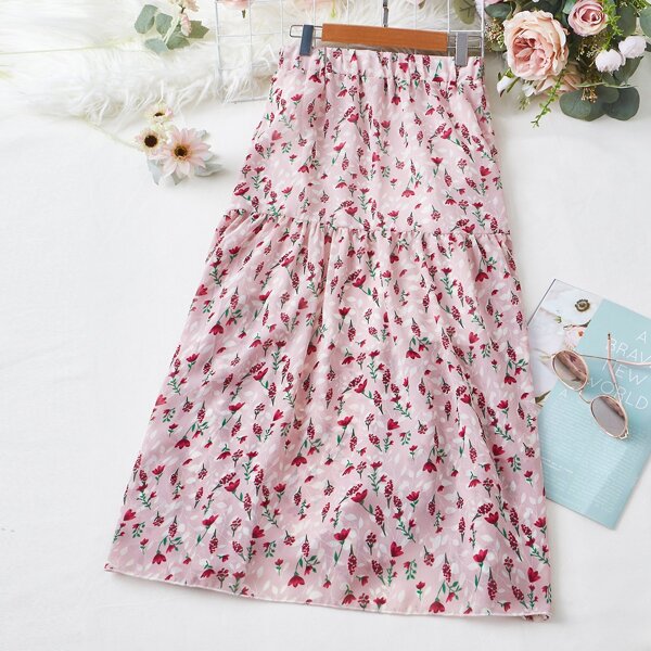 

Chiffon Ditsy Floral Elastic Waist A-line Skirt, Baby pink