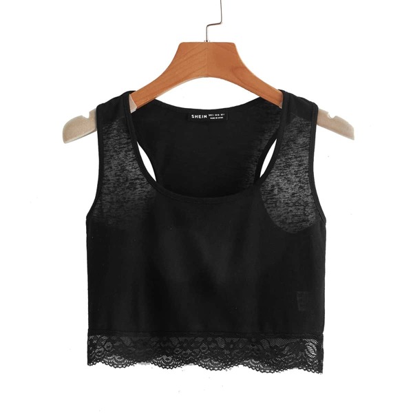 

Lace Panel Scoop Neck Crop Tank Top, Black