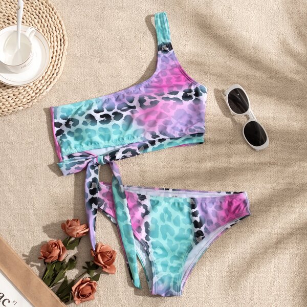 

Leopard Knot Side One Shoulder Bikini Swimsuit, Multicolor