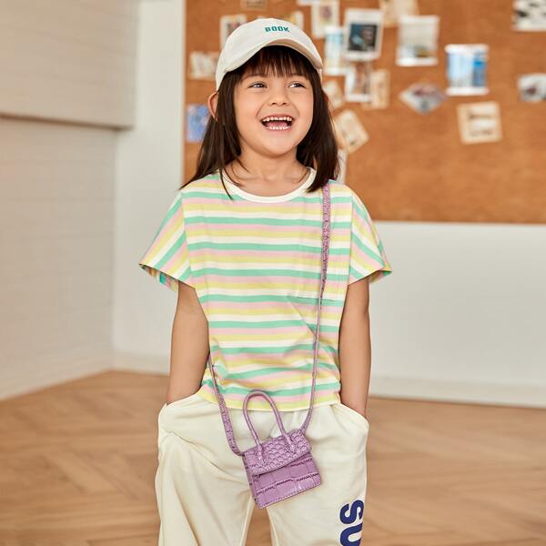 

Toddler Girls Pocket Patched Dolman Sleeve Striped Tee, Multicolor