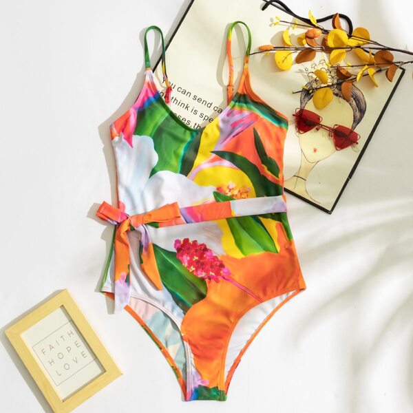 

Floral & Plant Print Knot Front One Piece Swimsuit, Multicolor