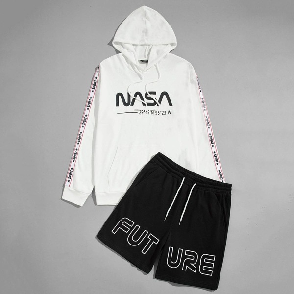 

Men Letter Graphic Tape Detail Drawstring Hoodie & Track Shorts Set, Black and white