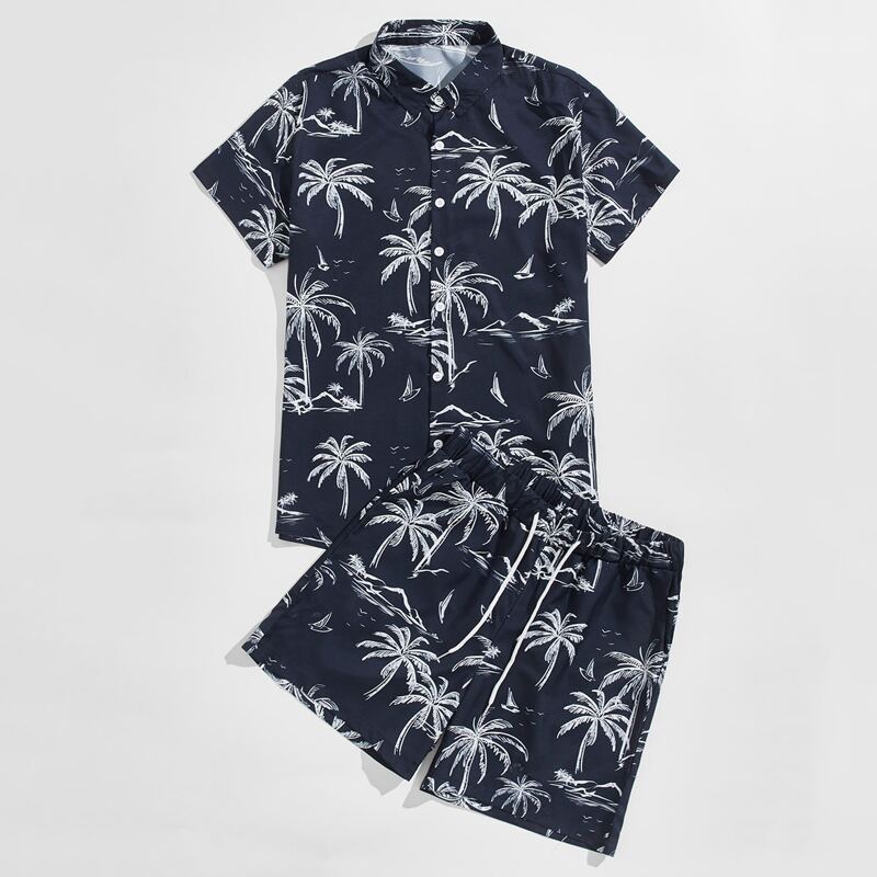 Guys Tropical Print Shirt & Shorts, Black