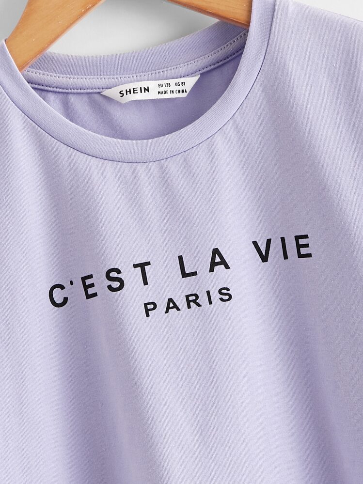 SHEIN Girls Slogan Graphic Top - Mauve Purple - View 3
