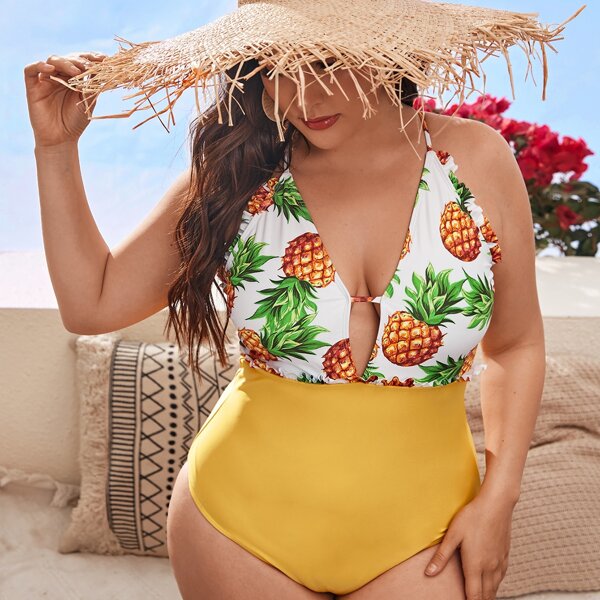 

Plus Pineapple Print One Piece Swimsuit, Multicolor
