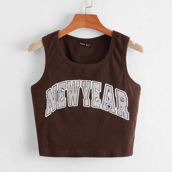 

Letter Embroidery Rib-knit Tank Top, Coffee brown