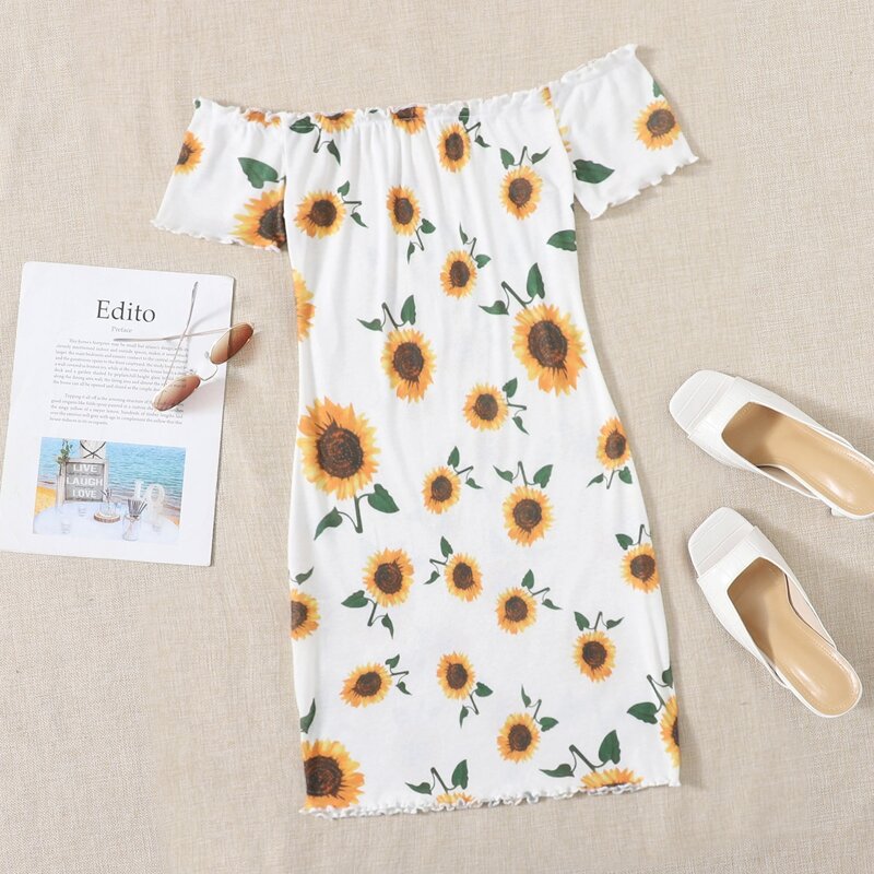 

Off Shoulder Lettuce Trim Sunflower Print Dress, White