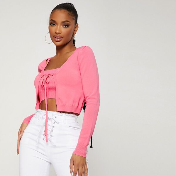 

Tie Front Crop Cardigan With Knit Top, Pink bright