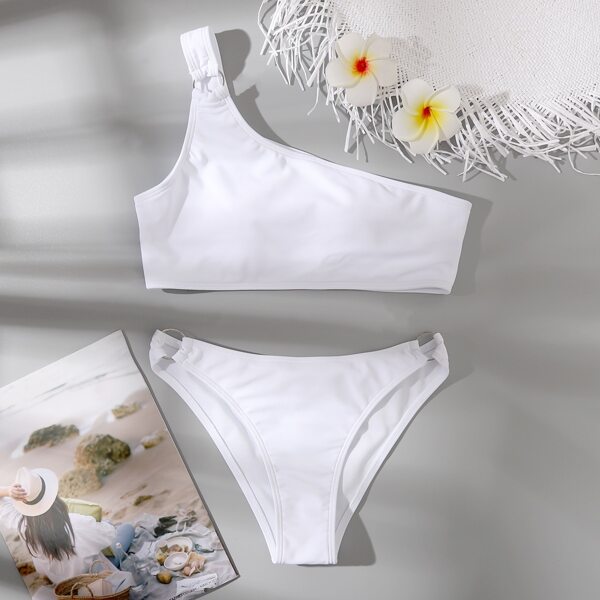 

Ring Linked One Shoulder Bikini Swimsuit, White