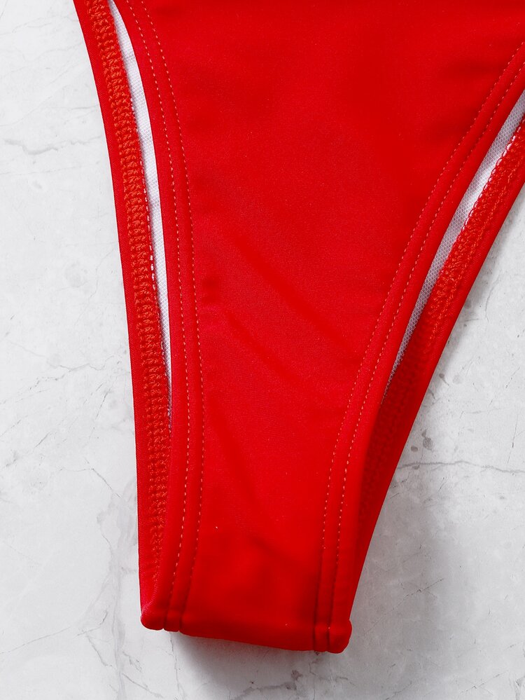 Conjunto de bikini de tanga de red de pesca con contraste de color - Rojo - Añade 3