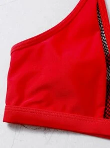 Conjunto de bikini de tanga de red de pesca con contraste de color - Rojo - Ver 5