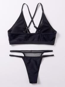 對比魚網丁字褲比基尼套裝 - 黑色 - 查看 4