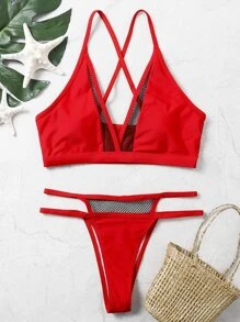 Conjunto de bikini de tanga de red de pesca con contraste de color - Rojo - Ver 6