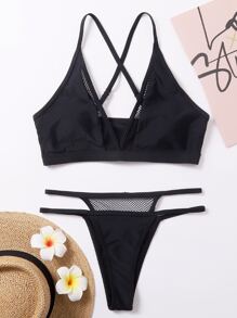 對比魚網丁字褲比基尼套裝 - 黑色 - 查看 5