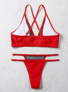 Conjunto de bikini de tanga de red de pesca con contraste de color - Rojo - Ver 7