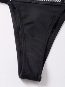 對比魚網丁字褲比基尼套裝 - 黑色 - 查看 6