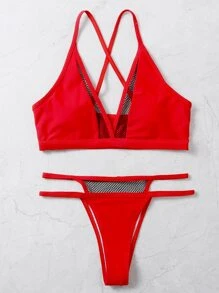 Conjunto de bikini de tanga de red de pesca con contraste de color - Rojo - Ver 8