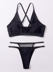 對比魚網丁字褲比基尼套裝 - 黑色 - 查看 7
