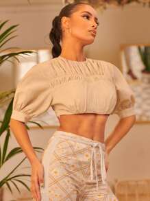 SHEIN Top corto fruncido - Caqui - Ver 5