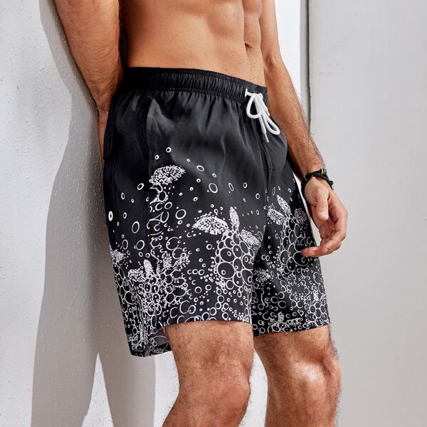 

Men Bubble And Sea Turtle Print Swim Trunks, Black