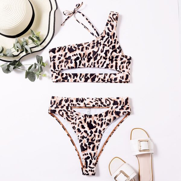 

Leopard Cut Out One Shoulder Bikini Swimsuit, Multicolor
